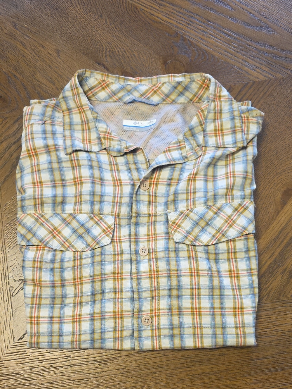 Columbia Men’s Plaid Button-Down Shirt in Light Blue, Cream, and Orange